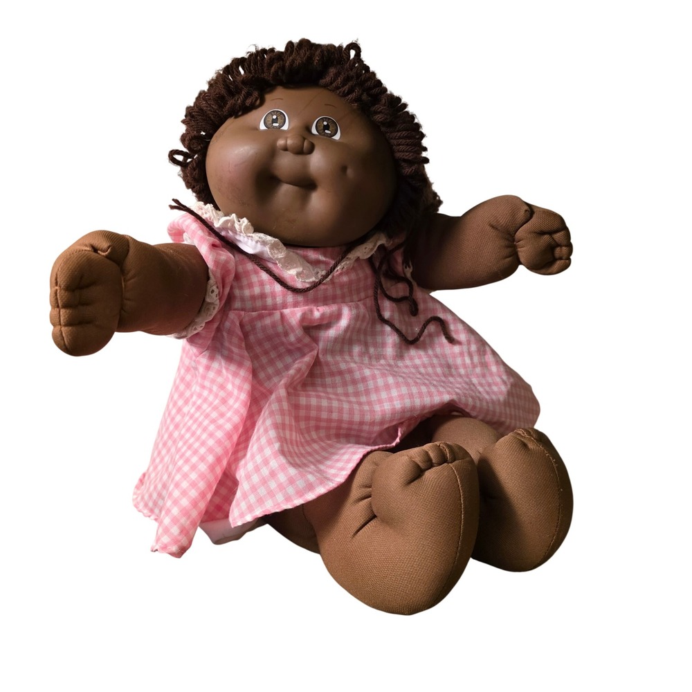 Vintage Cabbage Patch Kid Doll Brown‎ Hair Pink Gingham Dress Collectible Toy